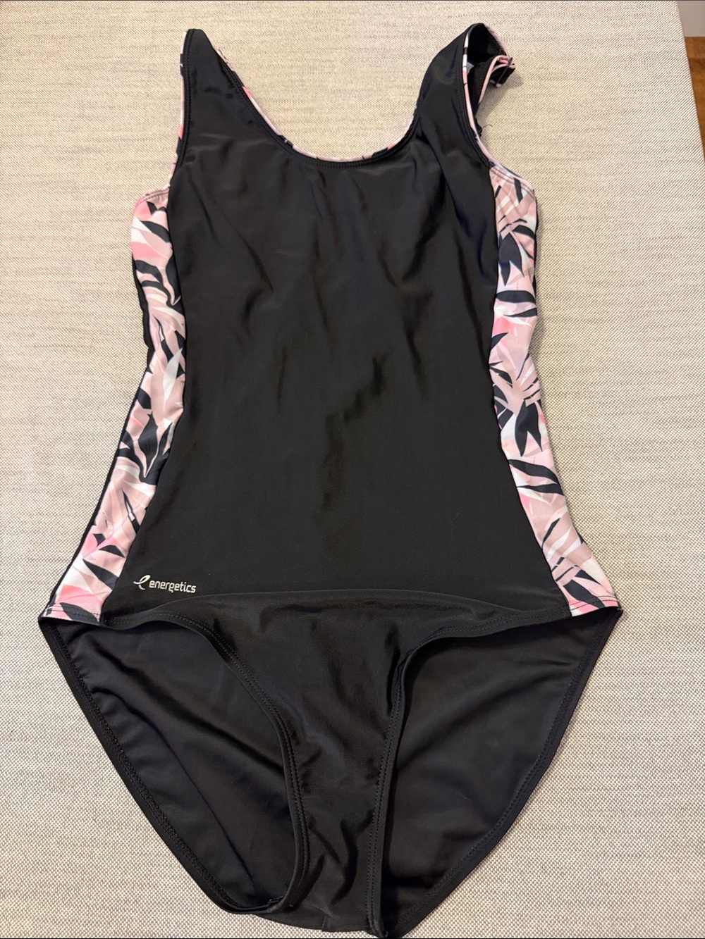 Black One-Piece Swim Suit with Pink Leaf Panels